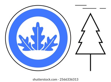 A blue and white circular emblem features prominent leaf shapes. Beside it, a minimalistic black and white outline of a tree stands tall. Ideal for nature themes, simplicity, logos, eco-friendly