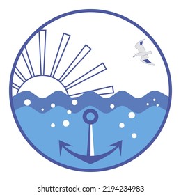 Blue And White Circular Emblem With Rising Sun Above Ocean Water Level. Blue Waves And Air Bubbles In Water. Anchor On Seabed. Flying Seagull Over Ocean Waves. Neptunian Idea For Logo. Sea Style.