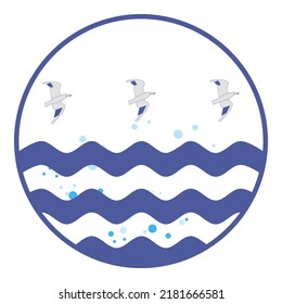 Blue and white circular nautical print. Three seagulls flying over blue sea waves. Air bubbles rise through water. Water splashes scatter over ocean surface. Neptunian idea for logo. Marine style.