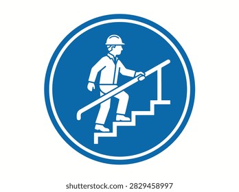 A blue and white circular safety sign depicting a worker wearing a hard hat climbing up a flight of stairs while holding a handrail.