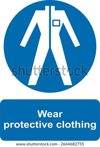 Blue and white circular vector graphic of Wear protective clothing, mandatory warning sign