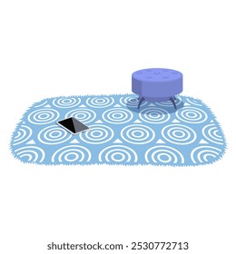 Alfombra circular azul y blanco con una otomana redonda púrpura y un teléfono inteligente. Ideal para la decoración del hogar, diseño de interiores, estilo de vida tecnológico, vida moderna y estética contemporánea. Sencillo y limpio
