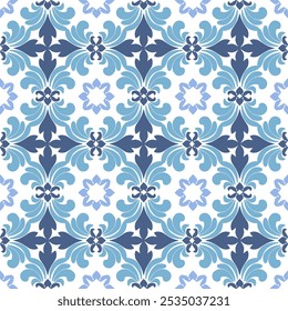 Blue and white classic damask seamless pattern: vector illustration for elegant textile design, carpet, curtains, and clothing.