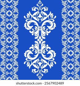 Blue and white classic traditional damask design, seamless pattern, Victorian design style, vector illustration. Design for fabric ends: carpet, curtains, and clothing.