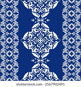 Blue and white classic traditional damask design, seamless pattern, Victorian design style, vector illustration. Design for fabric ends: carpet, curtains, and clothing.