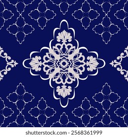 Blue and white classic traditional damask pattern design, seamless pattern, vector illustration. Design for elaborated border, elegant textile design, carpet, curtains, and clothing.