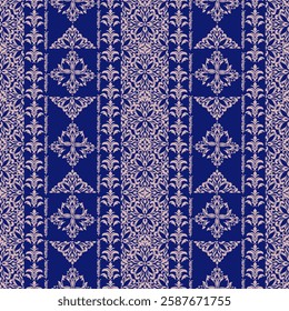 Blue and white classic traditional damask design, seamless pattern, Victorian design style, vector illustration. Design for fabric ends: carpet, curtains, and clothing.