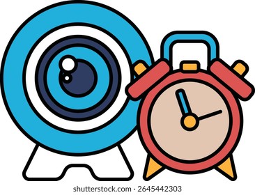 A blue and white clock with a red face sits next to a camera lens. The clock is set to the time of 10:00
