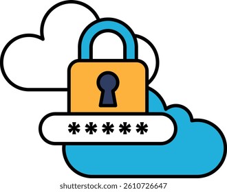 A blue and white cloud with a yellow lock on it. The lock is on a keypad with a series of numbers