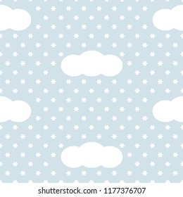 Blue and white clouds and snowflakes simple winter sky, seamless pattern, vector