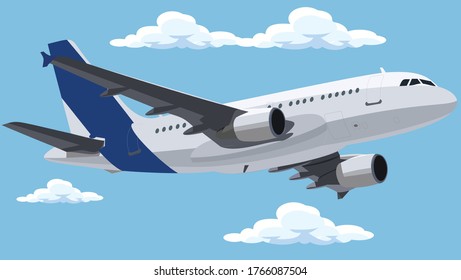 Blue And White Color Airplane Flying In Sky With Clouds In Background Vector Illustration Design 