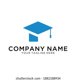 Blue and white color bachelor hat isolated with word graduate logo, student graduation uniform logo type, education element vector illustration.