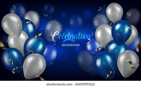 blue and white color glowing balloons flying the dark blue background,vector illustration celebration concept banner, birthday and anniversary and others celebration concept backdrop element.