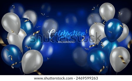 blue and white color glowing balloons flying the dark blue background,vector illustration celebration concept banner, birthday and anniversary and others celebration concept backdrop element.