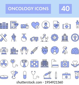 Blue And White Color Oncology Icon Set In Flat Style.