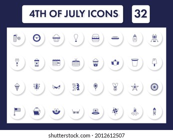Blue And White Color Set of 4th July Icon In Flat Style.