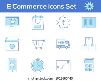 Conjunto de colores azul y blanco del icono eCommerce en estilo plano. 