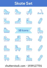 Blue And White Color Set of Skate Icon In Flat Style.