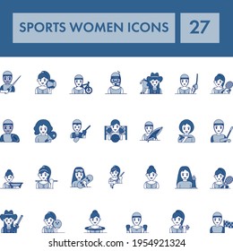 Blue And White Color Set of Sports Women Icon In Flat Style.