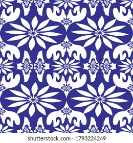 Blue and white color simple elegant floral motif repeat pattern background for tile, wallpaper and textile. Modern ethnic ceramic porcelain seamless fabric flat vector 