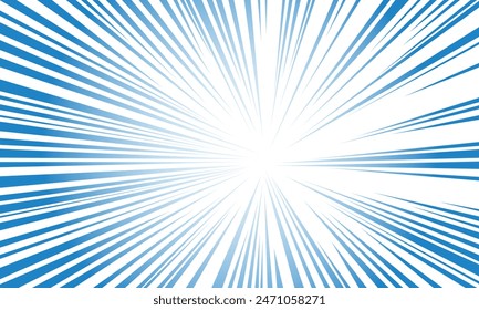 Blau und weiß gefärbt Manga Comic Geschwindigkeit Radial Linie Hintergrund. Vektorillustration.