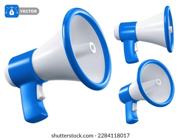 Altavoz megáfono de color azul y blanco, vista desde diferentes ángulos, aislado sobre fondo blanco. Ilustración realista del vector 3d