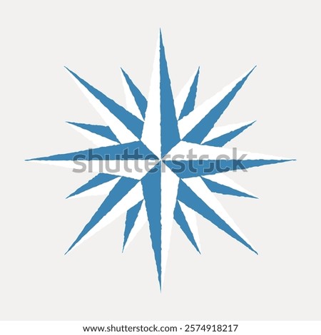 Blue and white compass rose with sharp, pointed edges. Nautical design with a classic compass rose look. Ideal for navigation themes and compass rose art. Vintage illustration isolated, vector.