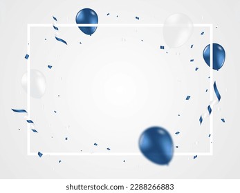 Blue And White Confetti With Frame, Ribbons Isolated On White Background. Celebration Event, Birthday Party. Graduation, Grand Opening. Vector Illustration