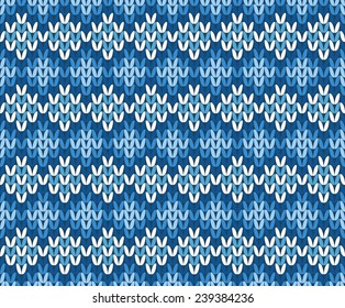 Blue and White Contrast Knitted Seamless Pattern from Abstract Geometric Rhombus Winter Ornament with Snowflakes on Dark Background