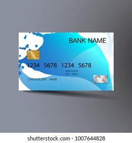 Blue and white credit card template design. With inspiration from the abstract. On the gray background. Vector illustration. Glossy plastic style.