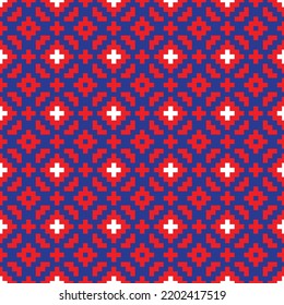 Blue and white cross-stitch knitting pattern on red background. Blue and white square dots on red backdrop. Monochrome fabric pattern design for sale. Knitting handicraft art.