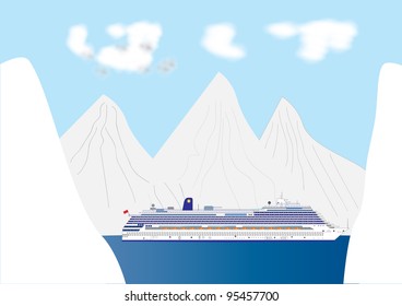 A Blue and White Cruise Liner in a Fjord surrounded by a Snow Landscape