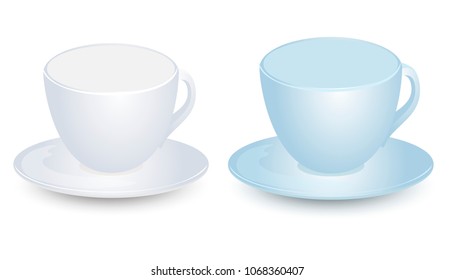 Blue and white cup mockups on plate vector design. Isolated on white background