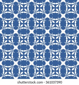 Blue and white curly ornament pattern. Seamless vector background.