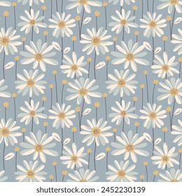 Blue and white daisies retro pattern. Vector illustration