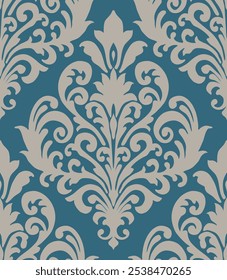 Blue and white damask floral pattern with bold, ornamental swirls, ideal for traditional decor themes. Damask seamless pattern.