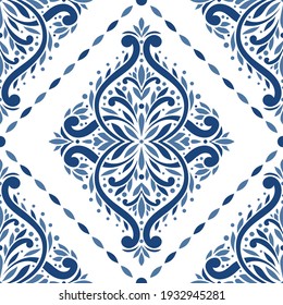 Blue and white damask seamless pattern with ornamental stripes. Traditional oriental motifs. Vector ornament template. Decorative paisley elements. Great for fabric and textile.