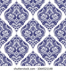 Blue and white damask vector seamless pattern, wallpaper. Elegant classic texture. Luxury ornament. Royal, Victorian, Baroque elements. Great for fabric and textile, wallpaper, or any desired idea.