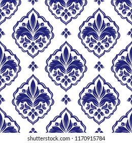 Blue and white damask vector seamless pattern, wallpaper. Elegant classic texture. Luxury ornament. Royal, Victorian, Baroque elements. Great for fabric and textile, wallpaper, or any desired idea.