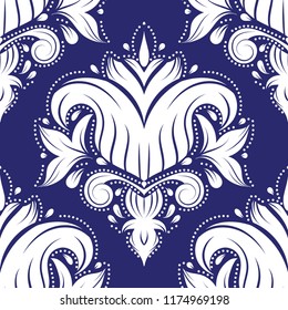 Blue and white damask vector seamless pattern, wallpaper. Elegant classic texture. Luxury ornament. Royal, Victorian, Baroque elements. Great for fabric and textile, wallpaper, or any desired idea.