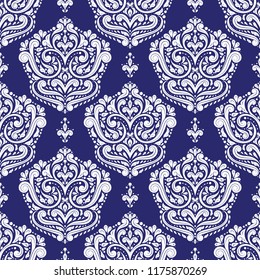 Blue and white damask vector seamless pattern, wallpaper. Elegant classic texture. Luxury ornament. Royal, Victorian, Baroque elements. Great for fabric and textile, wallpaper, or any desired idea.