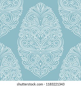 Blue and white damask vector seamless pattern, wallpaper. Elegant classic texture. Luxury ornament. Royal, Victorian, Baroque elements. Great for fabric and textile, wallpaper, or any desired idea.