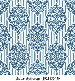 Blue and white damask vector seamless pattern. Vintage, paisley elements. Traditional, Turkish motifs. Great for fabric and textile, wallpaper, packaging or any desired idea.