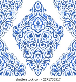 Vector de damasco azul y blanco, patrón sin fisuras. Elementos antiguos y paisley. Motivos tradicionales turcos. Ideal para tejidos y textiles, papel pintado, embalaje o cualquier idea deseada.