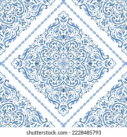 Vector de damasco azul y blanco, patrón sin fisuras. Elementos antiguos y paisley. Motivos tradicionales turcos. Ideal para tejidos y textiles, papel pintado, embalaje o cualquier idea deseada.