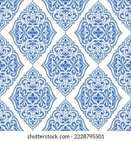 Vector de damasco azul y blanco, patrón sin fisuras. Elementos antiguos y paisley. Motivos tradicionales turcos. Ideal para tejidos y textiles, papel pintado, embalaje o cualquier idea deseada.