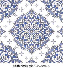 파란색과 흰색 다마스크 벡터 원활한 패턴 빈티지, 페이즐리 요소 전통적인 터키 모티프 직물, 섬유, 벽지, 포장 또는 원하는 아이디어에 적합합니다. 스톡 벡터