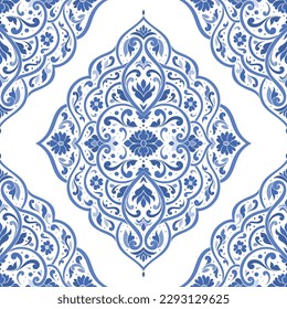 Blue and white damask vector seamless pattern. Vintage, paisley elements. Traditional, Turkish motifs. Great for fabric and textile, wallpaper, packaging or any desired idea.