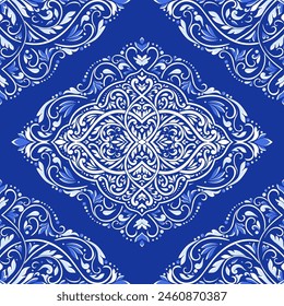 Blue and white damask vector seamless pattern. Vintage, paisley elements. Traditional, Turkish motifs. Great for fabric and textile, wallpaper, packaging or any desired idea.