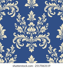 Padrão sem emenda do vetor de damasco azul e branco. Vintage, elementos paisley. Motivos tradicionais turcos. Ótimo para tecido e têxtil, papel de parede, embalagem ou qualquer ideia desejada.